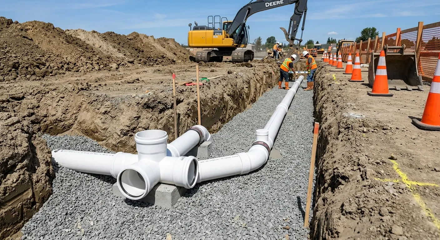 New PVC sewer pipe installation in open trench for Sewer Backup in Glencoe