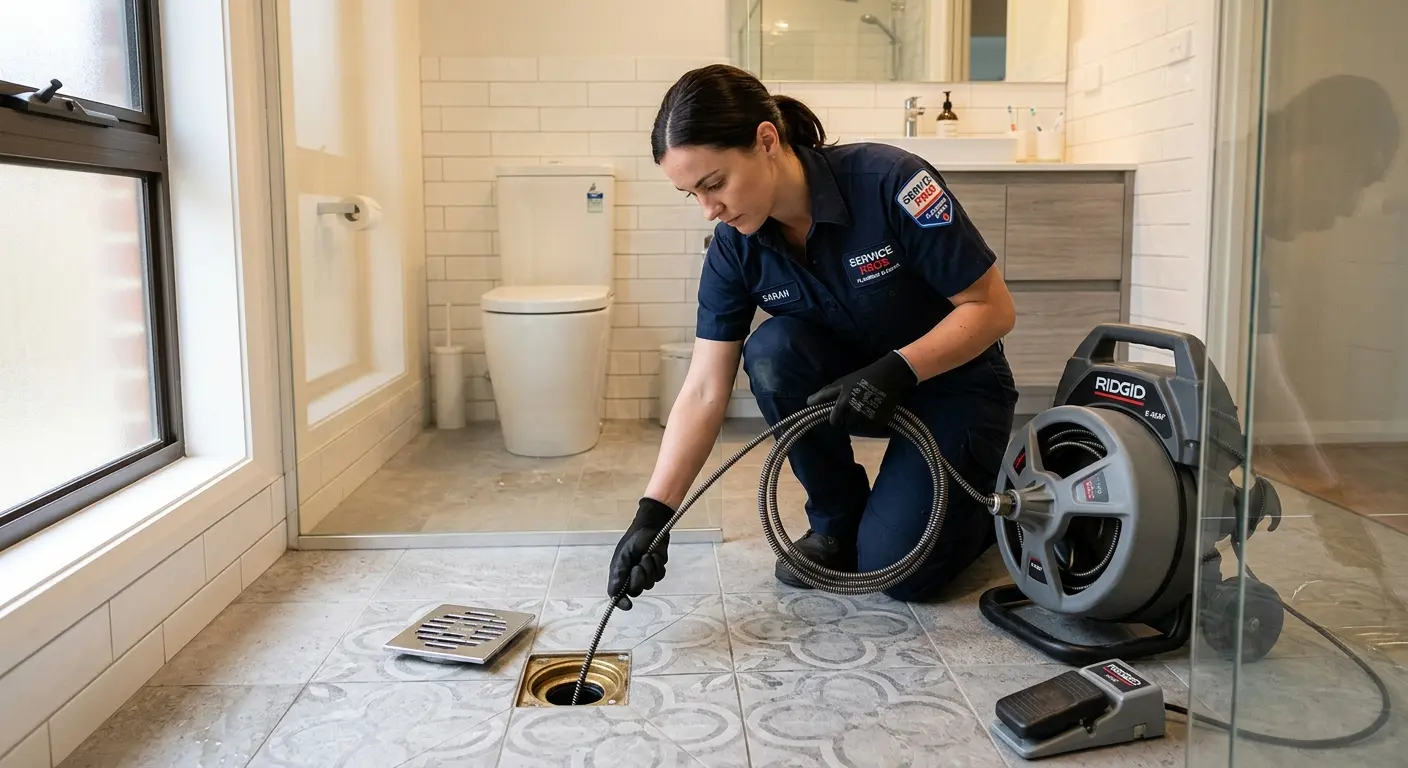 Technician clearing a bathroom floor drain for Clogged Drain Repair in Glencoe